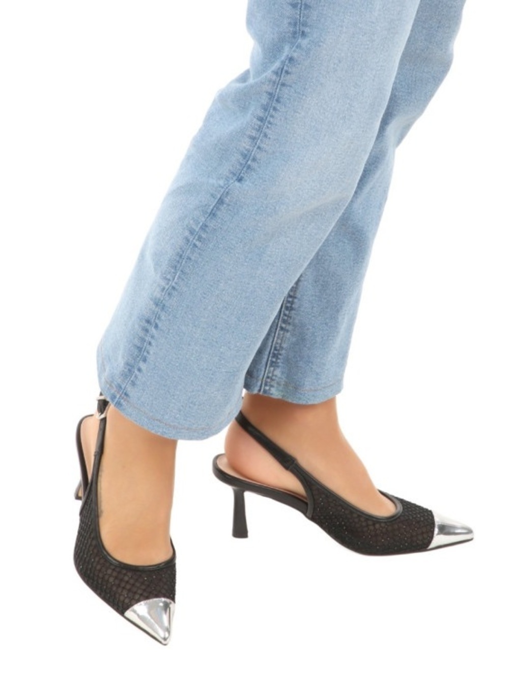 Black Slingback Pointed-Toe Jeans-Ready Heels with Silver Cap